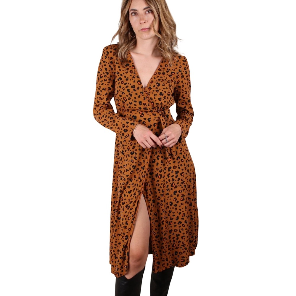Paris Atelier & Other Stories Brown Overall Leopard Print Wrap Midi Dress